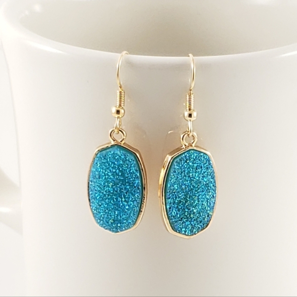 Green Druzy Goldtone Drop Earrings